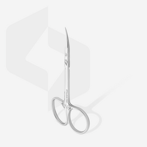 Professional cuticle scissors with curved handles and narrow tips, displayed alongside a straight edge, on a purple background with a magnolia leaf motif.