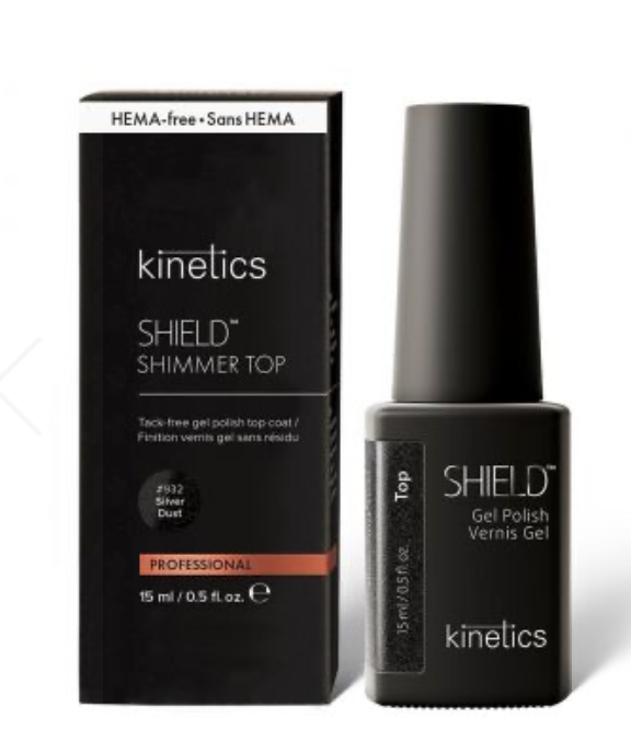 Kinetics Shield Shimmer Top Gel Polish 15ml – Professional HEMA-Free Tack-Free Top Coat for Long-Lasting Manicure with silver Dust Effect