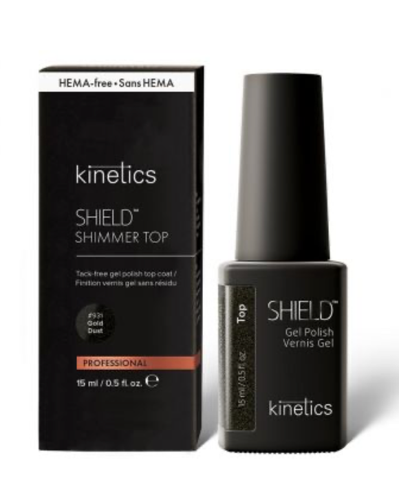 Kinetics Shield Shimmer Top Gel Polish 15ml – Professional HEMA-Free Tack-Free Top Coat for Long-Lasting Manicure with Gold Dust Effect
