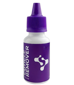 Bottle of cuticle remover with purple cap and label on a white background