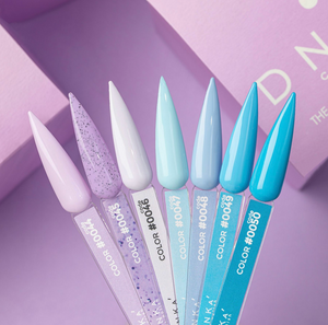 Set of blue and purple nail art tools with brand name on a purple background