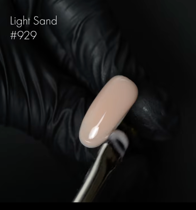 Builder gel swatch on a black background with 'Light Sand #929' text.
