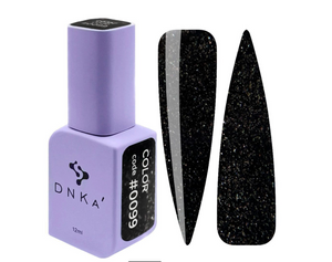 DNKA nail polish bottle with black glittery nail tips on a white background