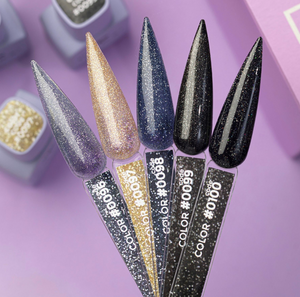 Set of glittery false nail tips with color codes on a purple background
