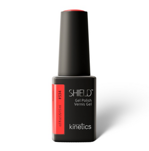 Kinetics Shield Gel Polish bottle with black and red design on a white background