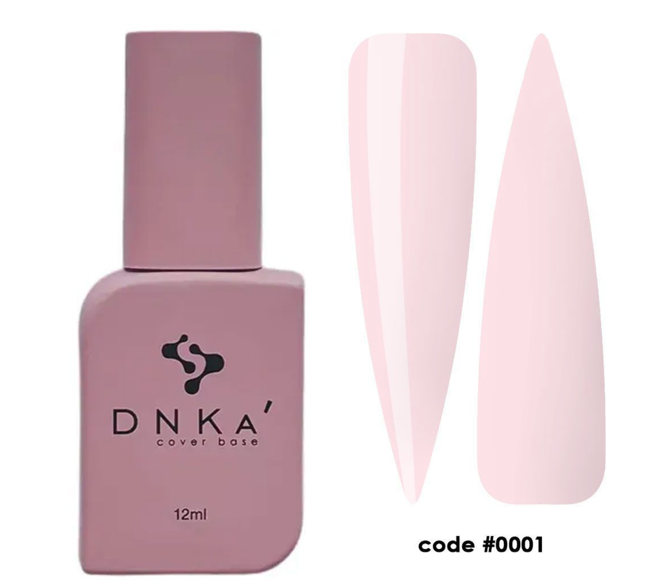 DNKA nail polish bottle with a cover base and two pink nail samples on a white background, DNKa' Fast Gel #0001 Euterpe