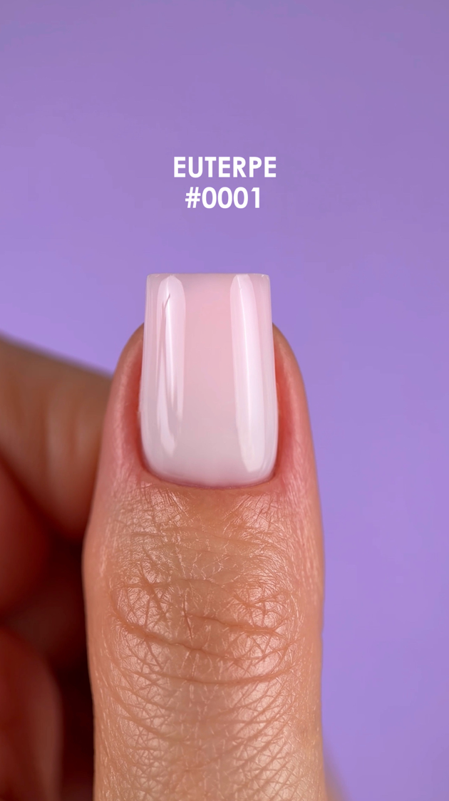 Nail with white polish on a purple background, labeled 'Euterpe #0001'.