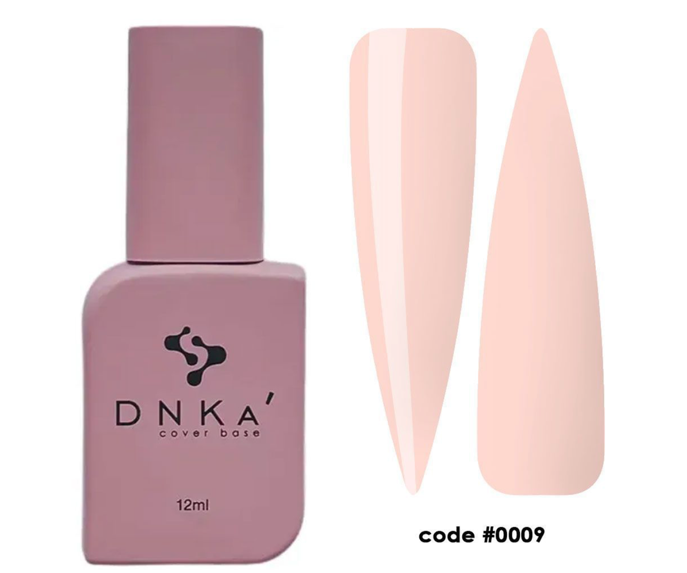 DNKA nail polish bottle with two pink nail samples on a white background