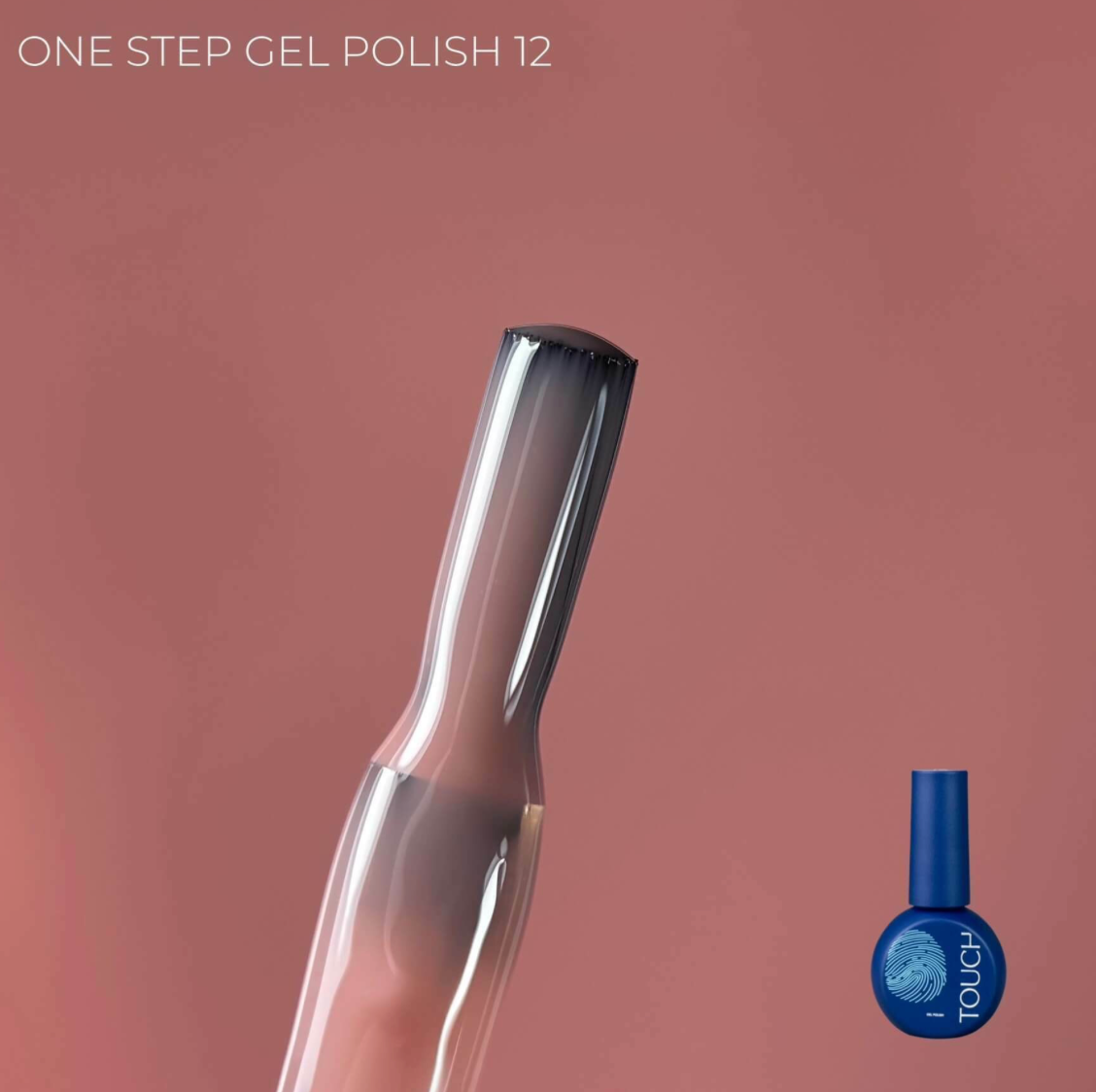 One-step gel polish with a blue bottle labeled 'TOUCH' on a brown background
