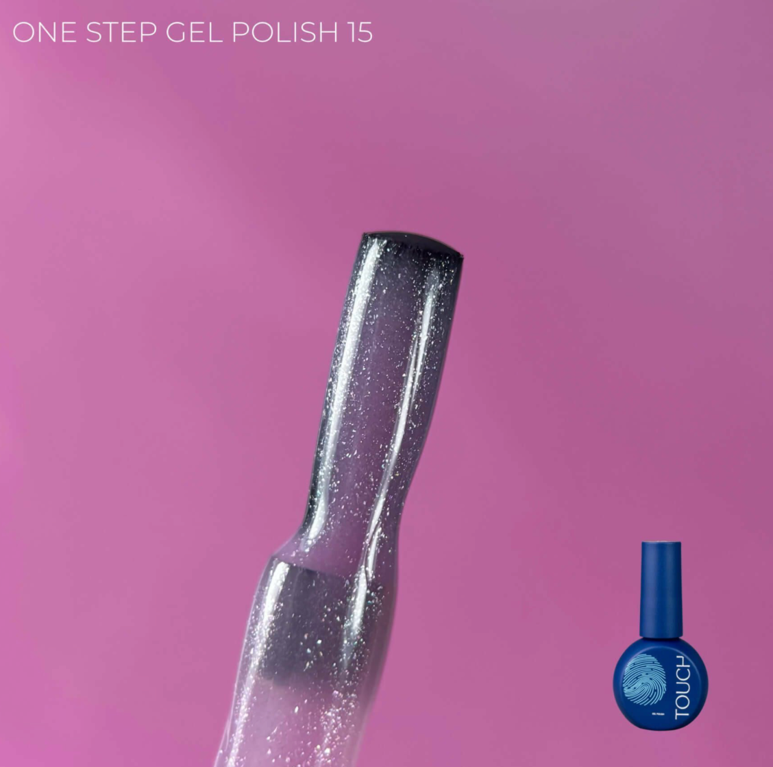Nail polish bottle with glittery finish on a pink background