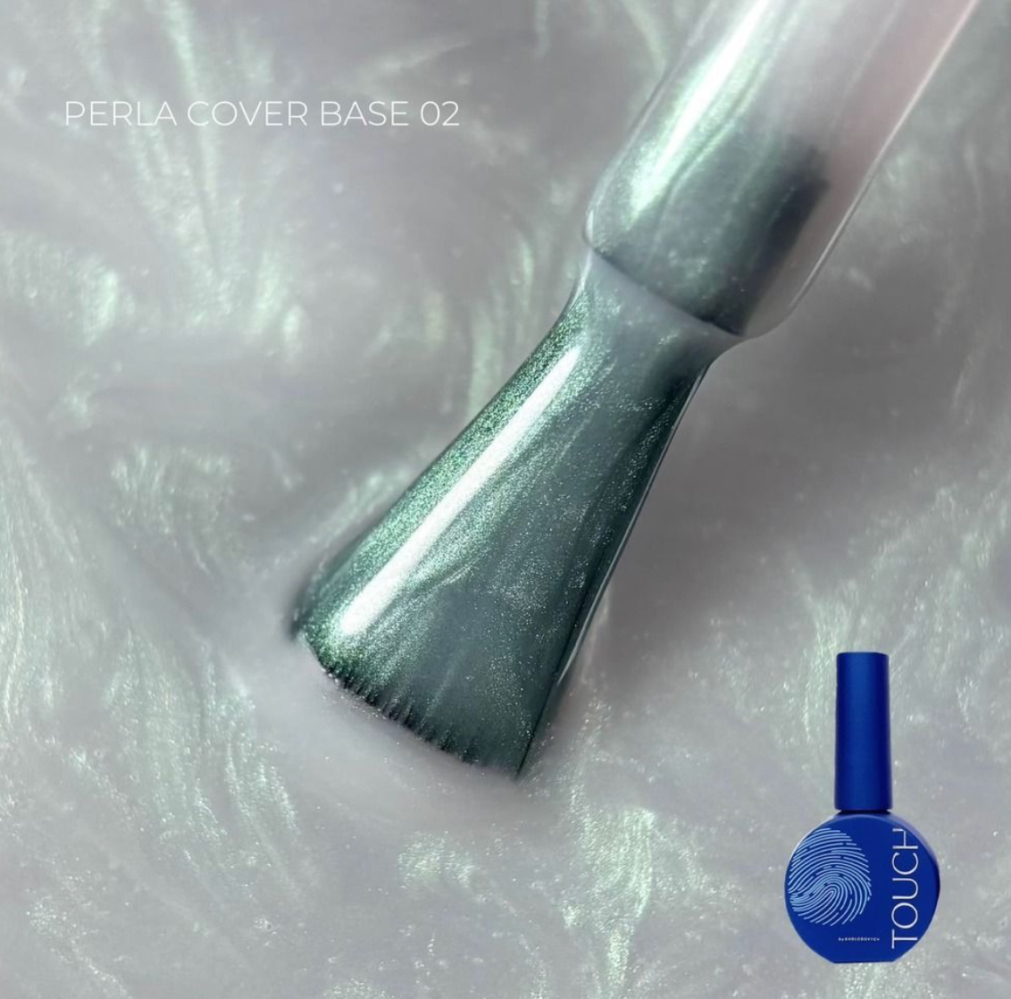 Nail polish brush with PERLA COVER BASE 02 on a textured white background, featuring the TOUCH brand.