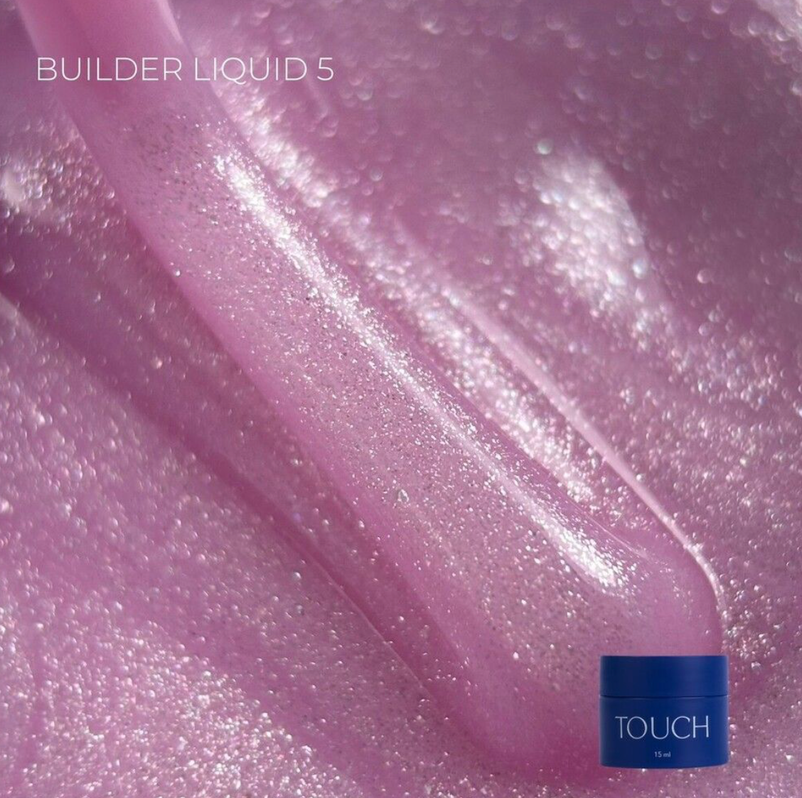 Close-up of pink glittery liquid with a blue container labeled 'TOUCH' on a matching pink background.