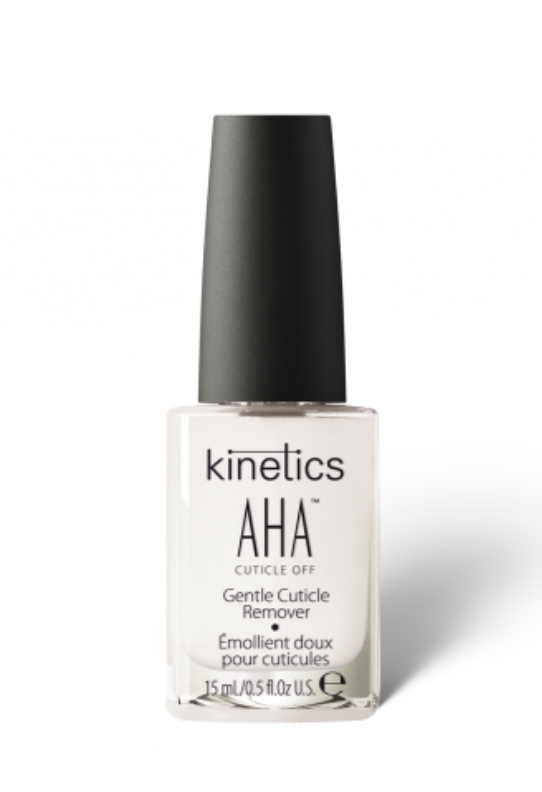A bottle of Kinetics AHA Cuticle Off Cream, with a white cap and label, designed for cuticle removal.