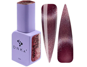 A image showing a bottle of DNKa' Gel Polish Cat Eye with a purple cap and a swatch of the nail polish on a white background, displaying a shimmery maroon color.