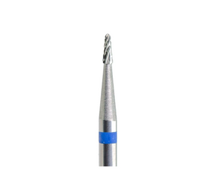 A professional carbide nail drill bit with a blue ring at the base, cone-shaped with fine teeth for nail and pedicure tasks.