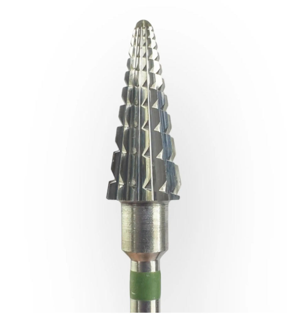 A carbide nail drill bit with a green ring at the base and a conical shape with triple cross cut design.