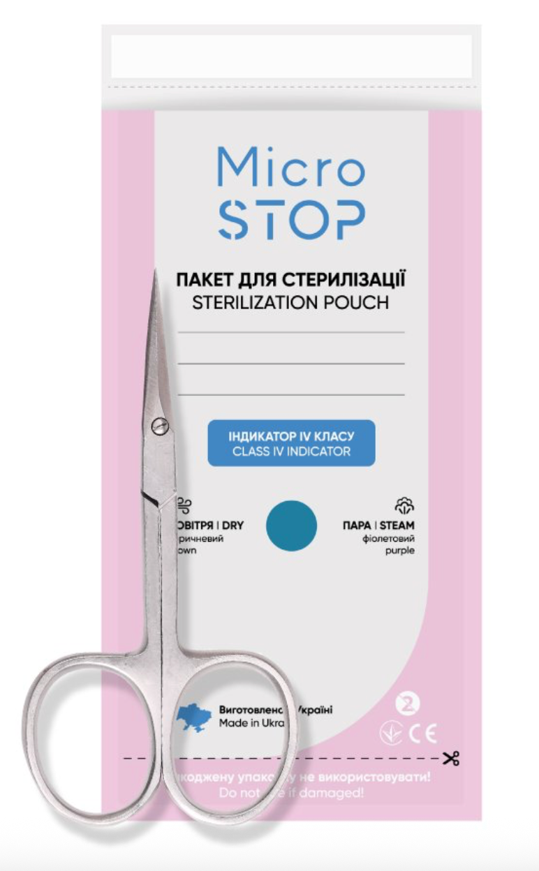Sterilization pouch with scissors and 'Micro Stop' branding on a pink background