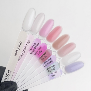 Set of nail color swatches with names on a white background