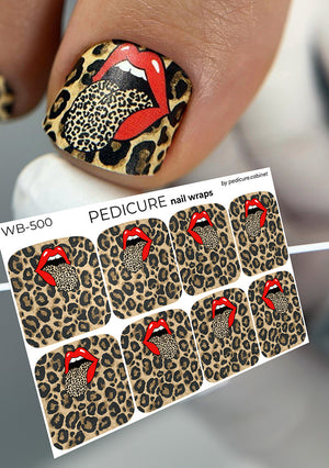 Nail art with leopard print and red lips design, paired with a sheet of matching pedicure nail wraps.