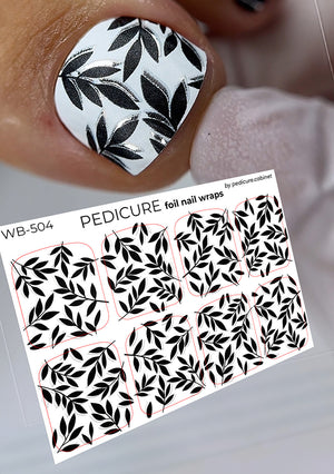 Nail with black leaf pattern and Pedicure foil pedicure nail wraps packaging on a light background