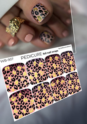 Leopard print nail wraps with a sheet labeled 'Pedicure' on a blurred background.