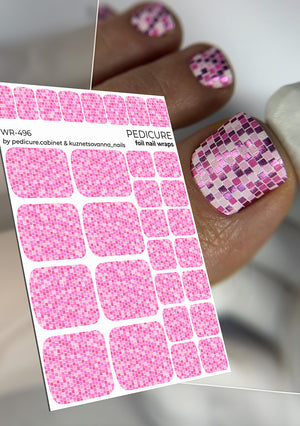 Sheet of pink foil pedicure nail wraps with a close-up of applied wraps on nails.