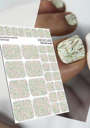 Sheet of pedicure foil nail wraps with a close-up of a decorated nail.