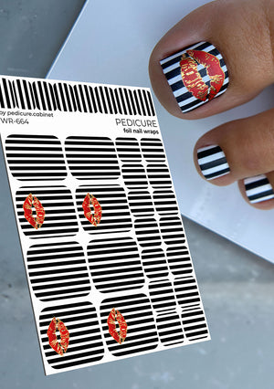 Foil nail wraps with black and white stripes and red heart designs, applied to nails.