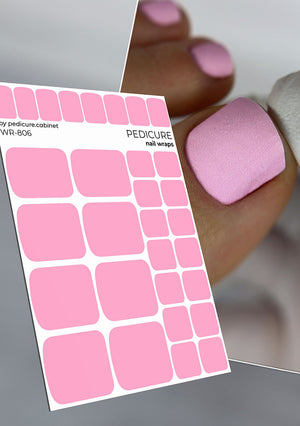 Sheet of pink nail wraps with a close-up of a hand with pink nail polish.