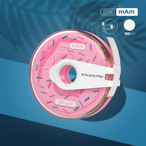A pink disposable abrasive nail file in a plastic case with 'PAPMAM' branding and a wheel design, labeled as 'STALEKS PRO'. 180 grit