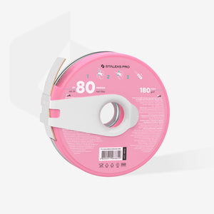 A pink disposable abrasive nail file in a plastic case with 'PAPMAM' branding and a wheel design, labeled as 'STALEKS PRO'. 180 grit