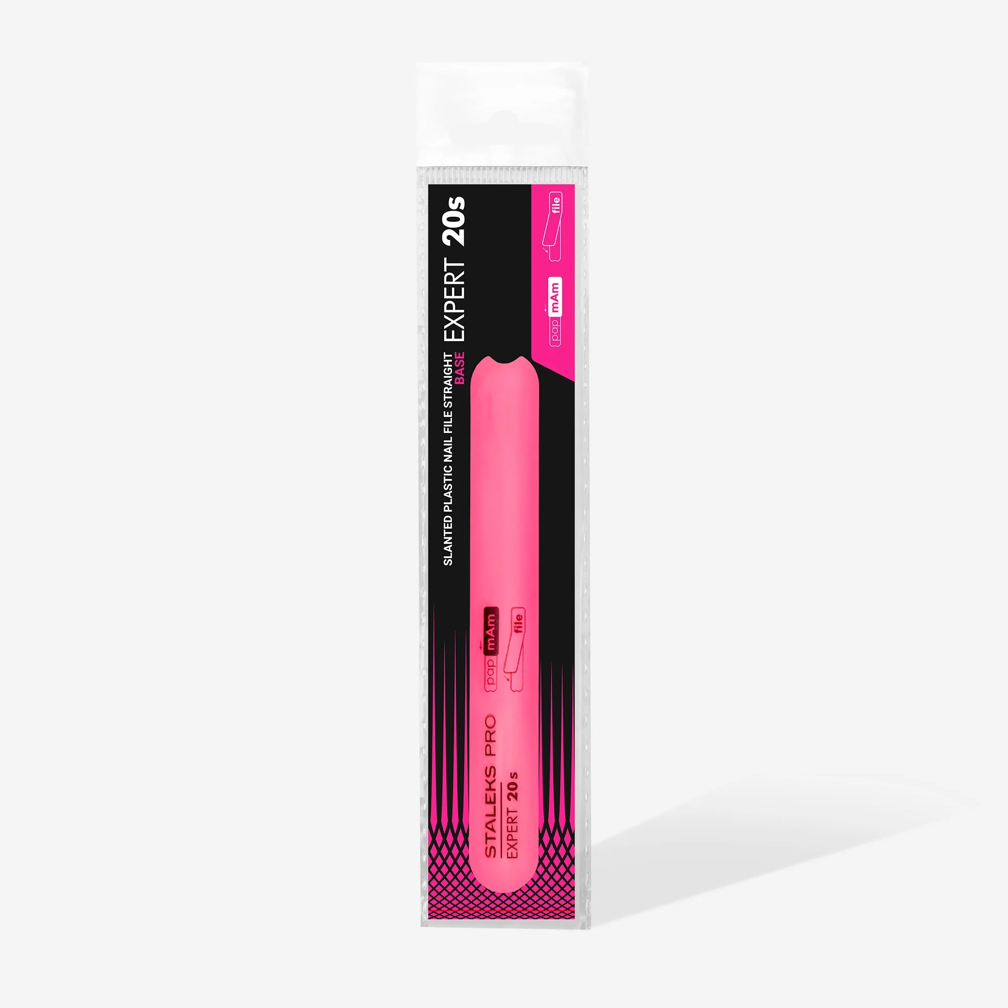 A pink plastic nail file base with beveled edges, marked with the brand STALEKS PRO and the model EXPERT 20s.