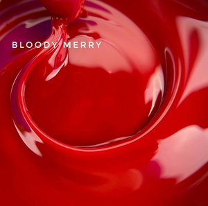 A close-up of glossy red liquid swirling in a circular pattern, with the text 'BLOODY MERRY' in white near the upper left.