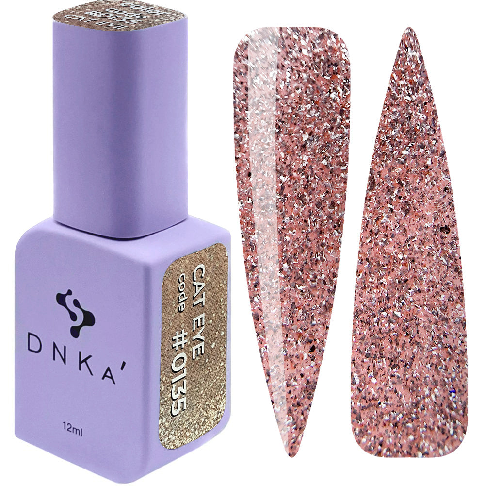 A bottle of DNKa' Gel Polish in color Cat Eye #0135, alongside a set of nail art stickers with a pink glittery finish.