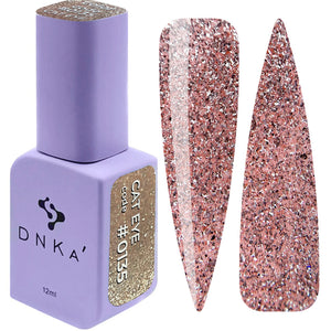 A bottle of DNKa' Gel Polish in color Cat Eye #0135, alongside a set of nail art stickers with a pink glittery finish.