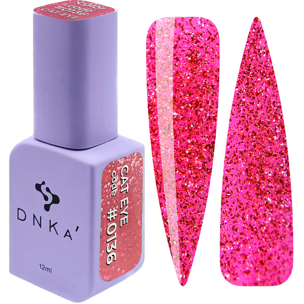 A bottle of DNKa' Gel Polish in color #0136, alongside a set of pink glittery nail art stickers.