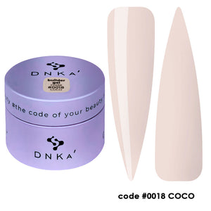 A 30 ml container of DNKa' Builder Gel #0018 Coco with a lid, alongside a sample nail color swatch. The container is purple with the brand's logo and the product code #0018 Coco visible.