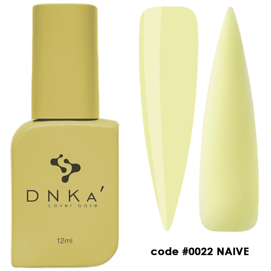 A bottle of DNKa' Cover Base #0022 Naive with a 12 ml volume indicator, showing a matte yellow color. The brand logo is visible on the bottle.
