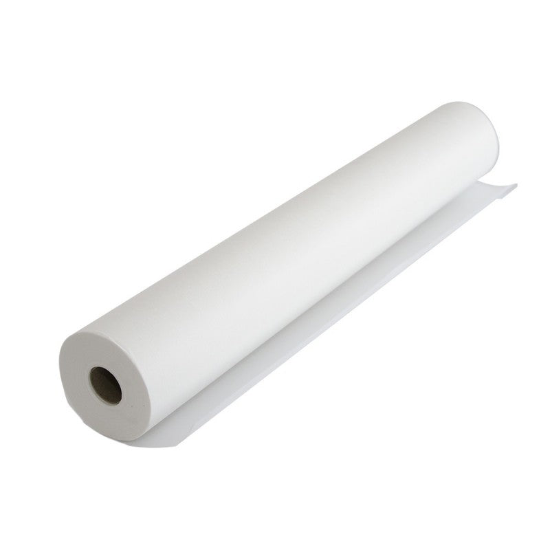 A roll of white cosmetic bed sheet made of nonwoven material, with a visible plastic bag packaging.  Cosmetic bed sheet – nonwoven on roll 70cm/50m.