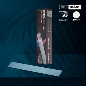 A pack of Disposable PapmAm Files for nail filing, showing a single file outside the packaging and the box labeled with 240 grit.