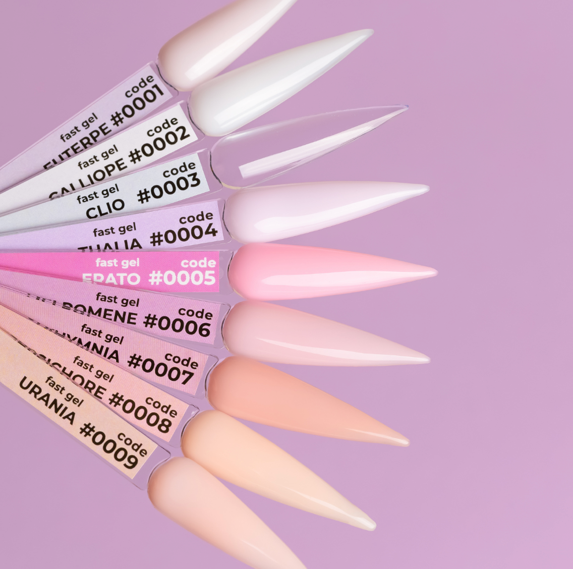 DNKa’ Fast Gel 0005 Erato – soft pink gel samples on nail tips