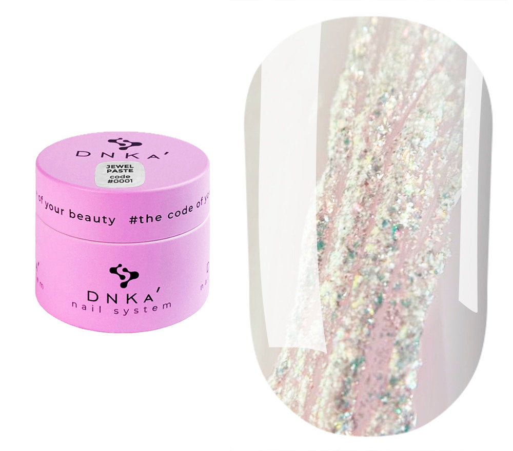 A jar of DNKa' Jewel Paste with a pink label, alongside a sample nail art showing the product's glittery pearlescent effect when applied to nails.