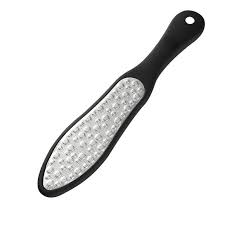A stainless steel laser cut foot file with a flat black plastic handle.