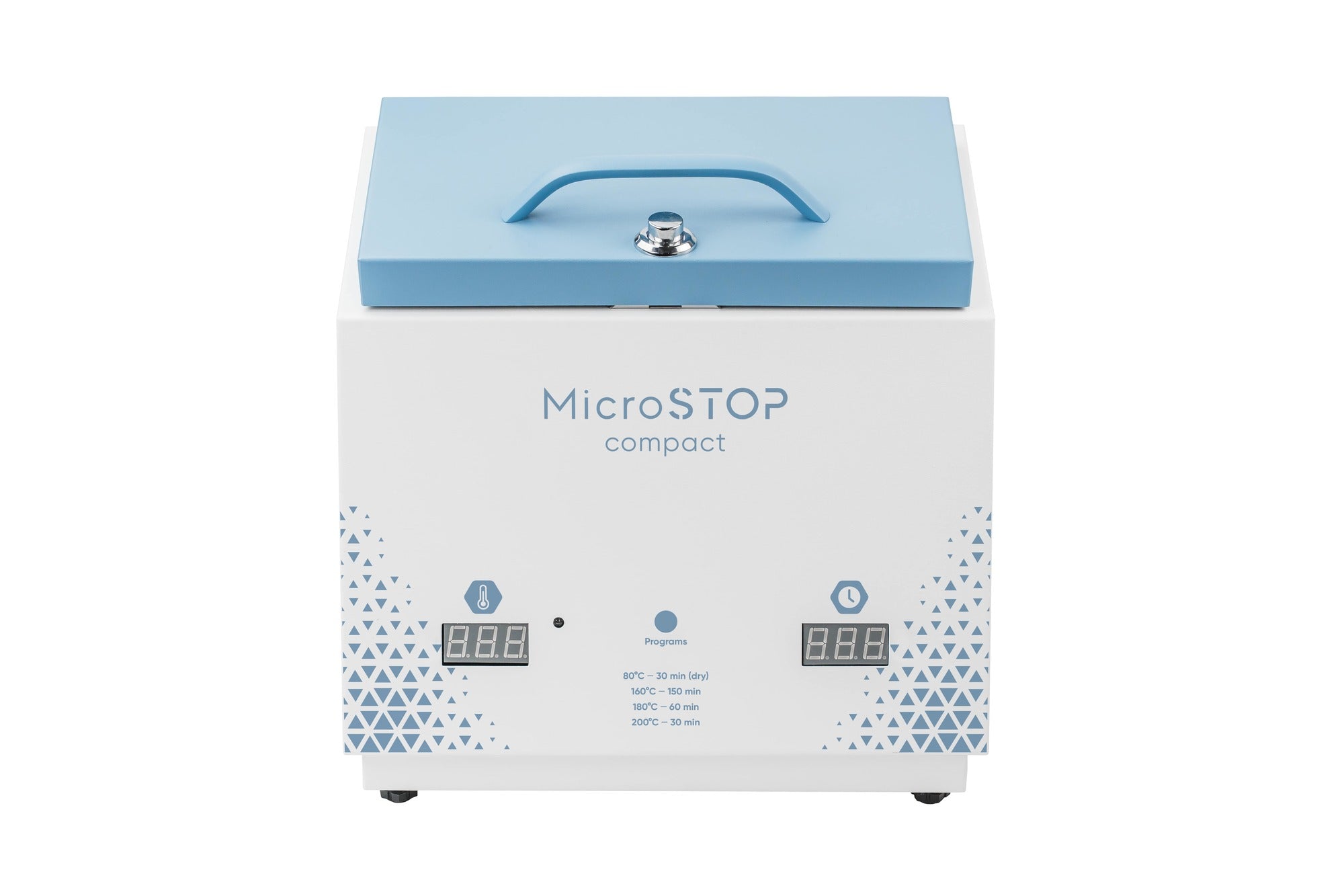 A compact vertical sterilizer machine with a blue lid and digital display, branded Microstop. HIGH TEMPERATURE DRY HEAT STERILIZER MICROSTOP COMPACT