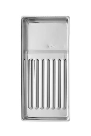 A stainless steel tool tray with undulating bottom designed for easy instrument placement. Tool Tray Expert 10 Type 1