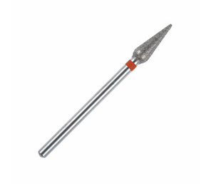 A diamond bit for nail drills with a red ring, having a metallic appearance and a red band near the tip.