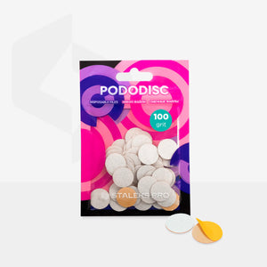A pack of white refill pads for pedicure, labeled as 100 grit, shown in a pink and purple design, with 50 pieces included.
