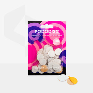 A pack of white refill pads for a pedicure disc, labeled 'PODODISC STALEKS PRO', with a size indication of 'S' for 15 mm and an abrasiveness level of 180 grit.