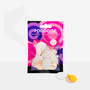 A pack of white refill pads for pedicure disc, labeled as 'PODODISC STALEKS PRO M 180 grit' with 'M' for medium, 20 mm size, and 50 pieces included.