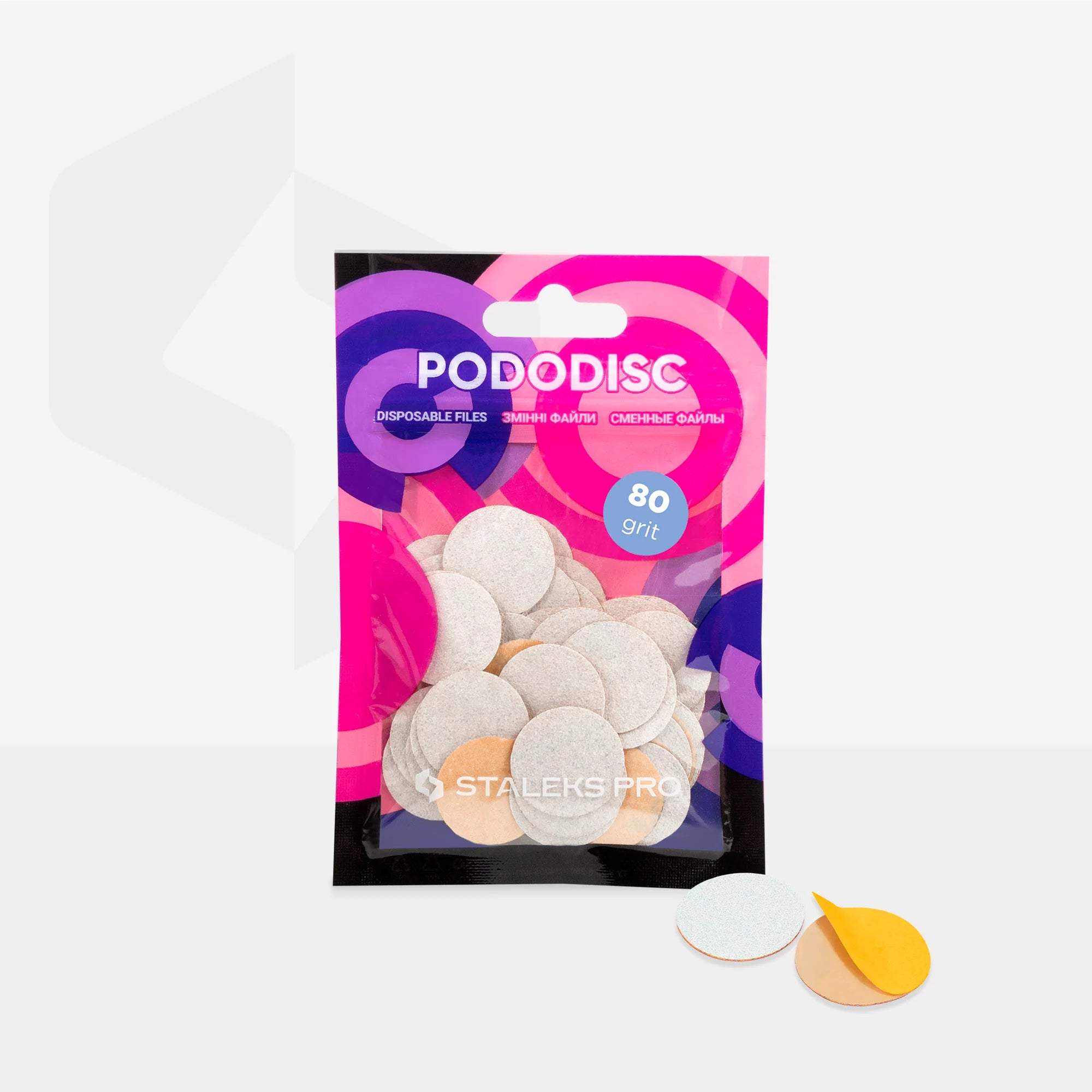 A pack of white refill pads for pedicure disc, labeled as 'PODODISC STALEKS PRO M 80 grit' with a size indication of 20 mm and a pack quantity of 50.